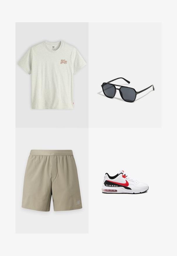Lichtgrijs katoenen t-shirt met een klein roodbruin "Levi Strauss & Co." logo op de linkerborst, klassieke ronde hals en korte mouwen.; Beige sportshorts met een elastische tailleband, een enkele voork Pocket en een logo aan de rechter onderkant. Glad, lichtgewicht stof.; Witte sportieve schoen met zwarte en rode accenten, voorzien van een bovenwerk van glad leer, vetersluiting aan de voorkant en zichtbare luchtkussens in de zool.; Zwarte zonnebril met een octagonaal frame, donkere lenzen, glanzende afwerking, dunne tempels en gouden accenten aan de voorkant.