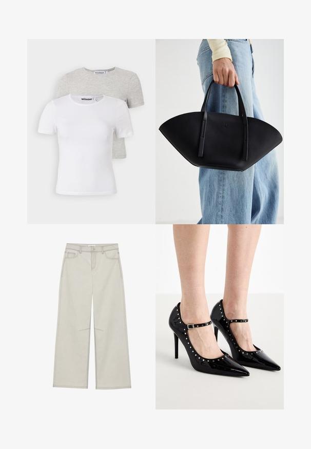 Balenie dvoch tričiek: jedno biele a jedno svetlosivé. Okrúhly výstrih, krátke rukávy, vyrobené z mäkkej bavlnenej zmesi, hladká textúra, minimalistický dizajn.; Svetlošedé nohavice s voľným strihom, s piatimi vreckami, so zapínaním na prednom gombíku a kontrastným prešívaním pozdĺž švov. Tkanina vyzerá mäkko a odolne.; Čierne lakované lodičky s špičatými prstami, členkovými popruhmi a kovovými cvokmi okolo okrajov. Úzke ihlové podpätky.; Čierna kožená kabelka s jedinečným tvarom ventilátora, so plochými držadlami. Povrch má štruktúru s brúseným efektom a minimalistic design.