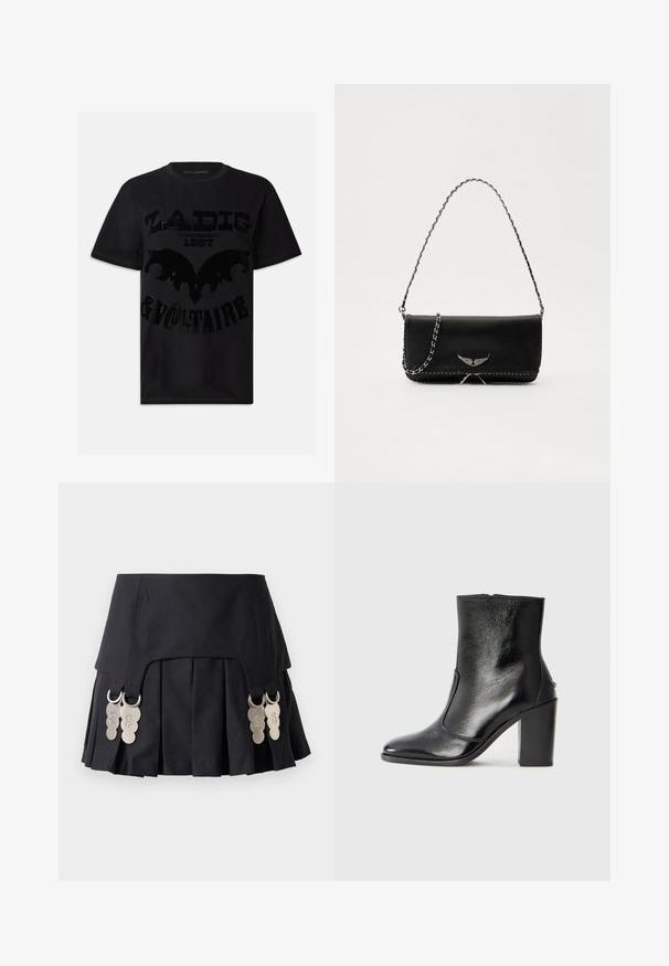 Tricou din bumbac negru, cu un imprimeu grafic lucios de culoare neagră, având textul "ZADIG 1997 & VOLTAIRE" și un design asemănător unei lilieci. Mâneci scurte.; Fustă plisată neagră cu accente din metal pe laterale, realizată dintr-un material structurat cu o textură netedă și un design elegant.; Botină din piele neagră, cu o textură netedă, vârf ascuțit și toc gros, înalt. Dispune de o deschidere laterală și un design minimalist.; Geantă de mână din piele neagră cu un lanț din argint, având accente decorative în formă de aripi și cusături albe de-a lungul cusăturii de jos.