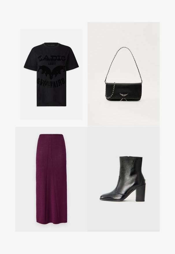Černé bavlněné tričko s lesklým černým grafickým potiskem s textem "ZADIG 1997 & VOLTAIRE" a designem podobným netopýrovi. Krátké rukávy.; Pletená maxi sukně ve tmavě fialové barvě s rovnou siluetou, která má na zadní straně roz slit pro větší pohyb a hladký povrch.; Černé kožené kotníkové boty s hladkou texturou, špičatou špičkou a robustním vysokým podpatkem. Mají boční otvor a minimalistický design.; Černá kožená kabelka se stříbrným řetízkovým popruhem, zdobená dekorativními křídly a bílým prošíváním podél spodního švu.