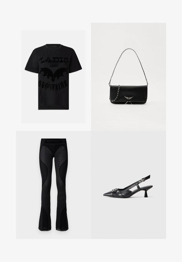 T-shirt de algodão preto com uma estampa gráfica preta brilhante com o texto "ZADIG 1997 & VOLTAIRE" e um design semelhante a um morcego. Mangas curtas.; Leggings em malha preta com corte flared, detalhes texturizados e inserções padronizadas. Apresentam uma cintura alta com o logótipo da marca na parte superior.; Sapato slingback em couro preto com biqueira fina, tiras decorativas com ilhós de metal e um pequeno salto quadrado. Superfície texturizada.; Saco de couro preto com uma alça de corrente prateada, apresentando ornamentos em forma de asas e costura branca ao longo da costura inferior.