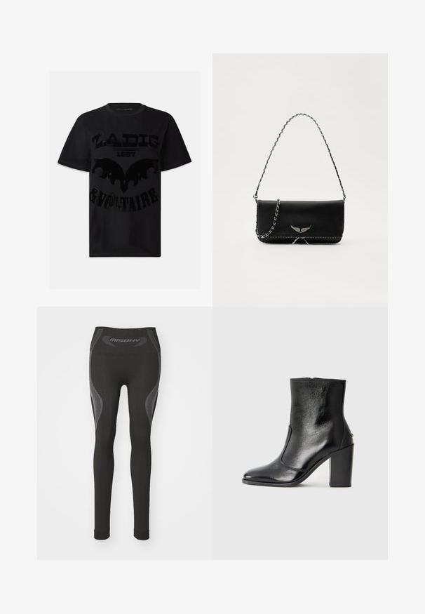 Črna bombažna majica s kratkimi rokavi z lesketajočim črnim grafičnim tiskom z besedilom "ZADIG 1997 & VOLTAIRE" in zasnovo, podobno netopirju.; Črne legice z visokim pasom, ki imajo siva poudarka in teksturirane panele ob straneh. Narejene so iz elastičnega materiala.; Črne usnjene gležnarske čevlje z gladko teksturo, koničastim nosom in debelim visokim petam. Imajo stransko odprtino in minimalističen dizajn.; Črna usnjena torbica s srebrnim verižnim ročajem, ki ima okrasne krilate poudarke in belo šivanje ob spodnjem šivu.
