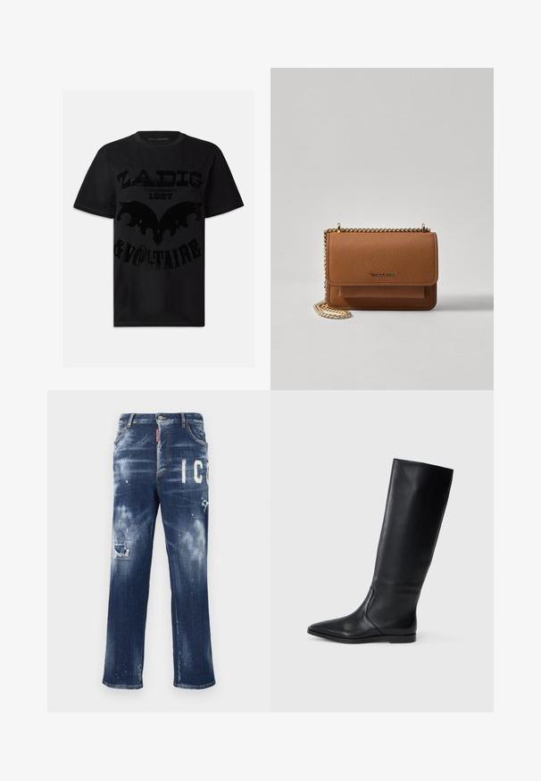 Črna bombažna majica s kratkimi rokavi z lesketajočim črnim grafičnim tiskom z besedilom "ZADIG 1997 & VOLTAIRE" in zasnovo, podobno netopirju.; Temno modri kavbojke iz denima z uničenimi obliži, svetlimi kapljicami barve in boldnim belim napisom. Model naravnih hlačnic s klasičnim krojem.; Črne usnjene škornje do kolen z ostro špico in minimalističnim dizajnom. Gladka tekstura in ravna podplat, z diskretnimi stranskimi šivi.; Rjava teksturirana usnjena torba čez ramo z zlatim verižnim trakom in zapiranjem na pokrov. Spredaj je vidna podrobnost logotipa in žep pod pokrovom.