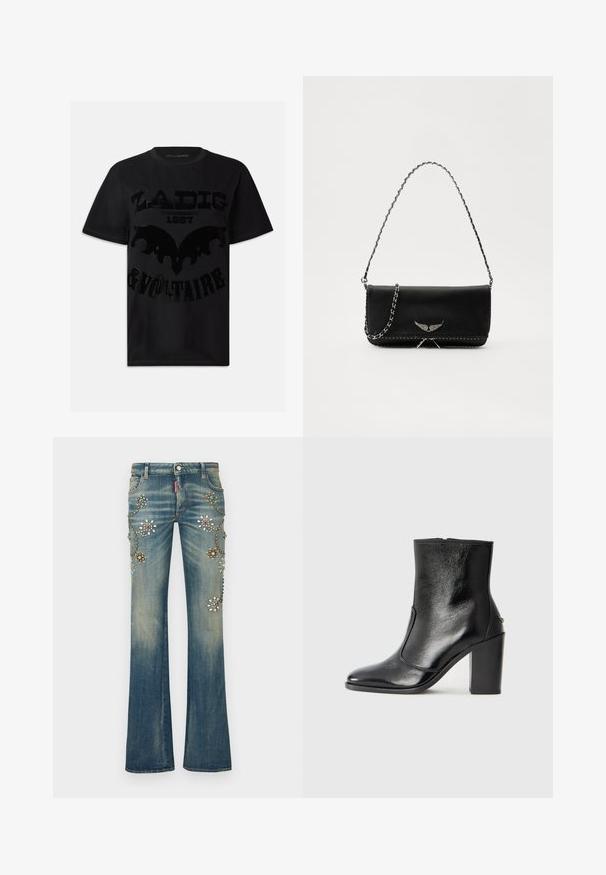 Melna kokvilnas T-krekls ar spīdīgu melnu grafiku, kurā ir teksts "ZADIG 1997 & VOLTAIRE" un murga līdzīga dizaina elements. Īsas piedurknes.; Zilās džinsa bikses ar izplatītiem galiem rotā ziedu apdare dažādās krāsās, kā arī kniepadatas un spīdumi skaistā dekoratīvā rakstā.; Melnas ādas potīšu zābaki ar gludu tekstūru, smailu purngalu un masīlu augstu papēdi. Iekļauts sānu atvērums un minimālistisks dizains.; Melnas ādas rokassomā ar sudraba ķēdes siksnu, kurai ir dekoratīvi spārnu akcenti un baltā šuvēšana apakšējā šuvē.