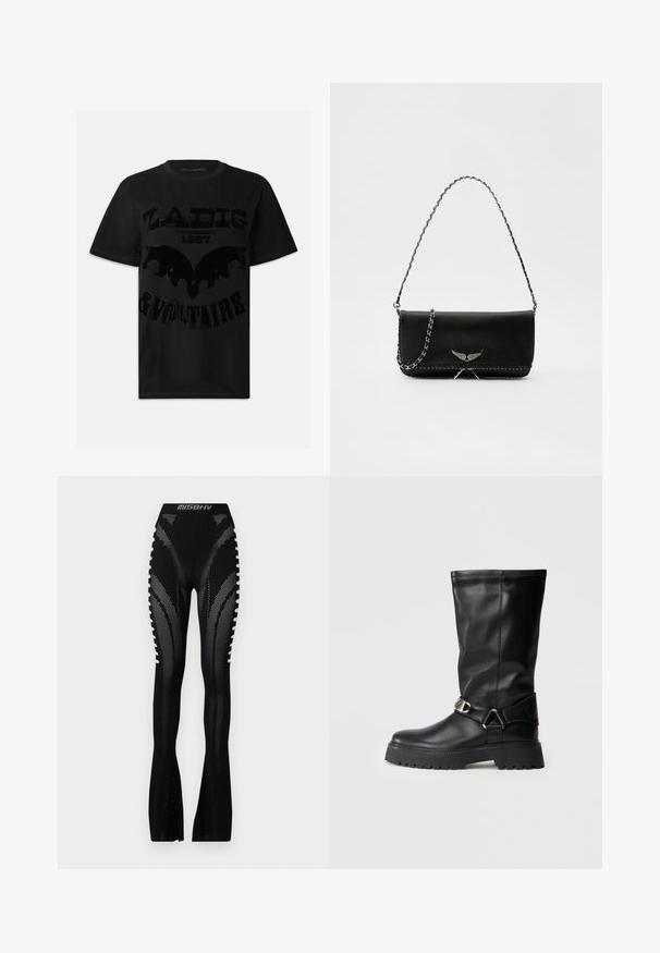 Camiseta de algodón negra con un estampado gráfico negro brillante que incluye el texto "ZADIG 1997 & VOLTAIRE" y un diseño similar a un murciélago. Mangas cortas.; MISBHV BIANCA SEAMLESS TROUSERS - Pantalones - black; Botas negras hasta la rodilla de cuero suave, con un acento de hebilla en el lateral y una suela gruesa y texturizada para mayor agarre.; Bolso de mano de cuero negro con una correa de cadena plateada, que presenta acentos decorativos en forma de alas y costuras blancas a lo largo de la costura inferior.