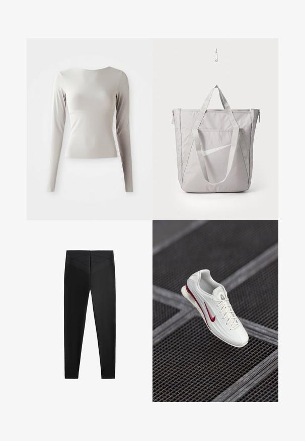 Svetlo siva majica s dugim rukavima, izdelana iz gladkega, prefinjenega materiala, z okroglim izrezom in prilegajočo silhueto. Rob je na dnu rahlo razširjen.; Črne športne legice z gladko teksturo, ki imajo širok pas in diogonalni teksturni vzorec blizu pasu za dodaten oblikovalski detajl.; Bela atletska čevlji z teksturirano površino, ki vsebujejo rdeč poudarek v obliki klina, imajo vezalni dizajn in oblazinjen podplat, suspendirani nad mrežastim ozadjem.; Siva torba z ojačanimi ročaji, sprednjim žepom z zadrgo in belim logotipom Nike swoosh. Narejena iz trpežnega materiala z gladko teksturo.