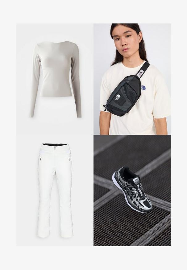Jasnoszara bluzka z długim rękawem, wykonana z gładkiego, gładkiego materiału, z okrągłym dekoltem i dopasowanym krojem. Rękawy są lekko rozszerzane na dole.; Białe spodnie narciarskie o dopasowanym kroju, z zamkiem z przodu, podwójnym zapięciem na guziki, bocznymi kieszeniami oraz elastycznym pasem ze zapięciem na rzep. Gładka faktura.; Buty do biegania Nike w kolorystyce czarno-srebrnej, z siateczkową cholewką, teksturowaną podeszwą oraz systemem sznurowania zapewniającym pewne dopasowanie.; The North Face UNISEX czarny