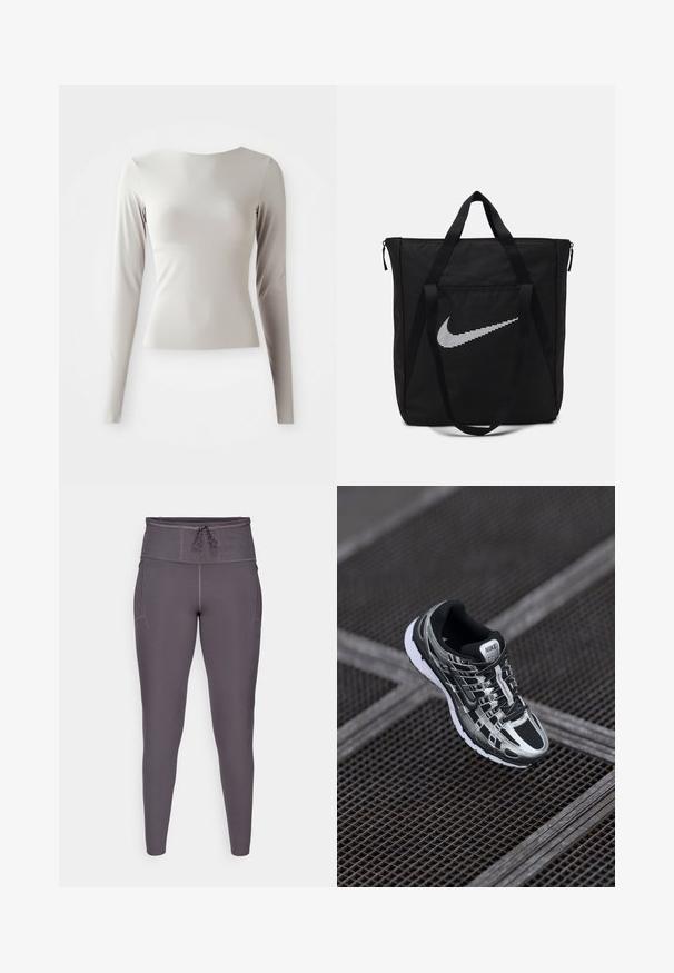 Gai pelēks garām piedurknēm tops, kas izgatavots no gluda, glīša auduma ar apaļu kakla izgriezumu un pieguļošu siluetu. Apakšdaļa ir nedaudz izplata.; Violeta augsta jostas izmēra legingi ar auklas aizvēršanu, ar gludu tekstūru un sānu kabatām papildus funkcionalitātei.; Nike skriešanas apavi ar melnas un sudraba krāsas shēmu, acs augšdaļu, teksturētu zoli un saistes sistēmu drošai piegulšanai.; Melna neilona koferis ar divām izturīgām rokturiem un ar rāvējslēdzēju. Tam ir izteikts balts Nike swoosh logotips horizontāli svītrainā dizainā.