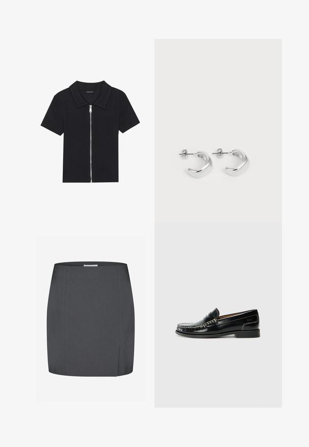 Czarna koszulka polo z krótkim rękawem o prążkowanej fakturze, z zamkiem błyskawicznym z przodu i wywijanym kołnierzykiem. Prosty design z minimalnymi akcentami.; Envii SPLIT szary; Czarne skórzane mokasyny z haftowanym wzorem, gładkim wykończeniem, niskim blokowym obcasem i srebrnymi akcentami. Klasyczny, zaokrąglony kształt noska.; Srebrne kolczyki w kształcie obręczy z gładkim, wypolerowanym wykończeniem. Okrągły kształt z lekko zakrzywionym wzornictwem i zaokrąglonymi krawędziami. Zapięcie na szpilkę.