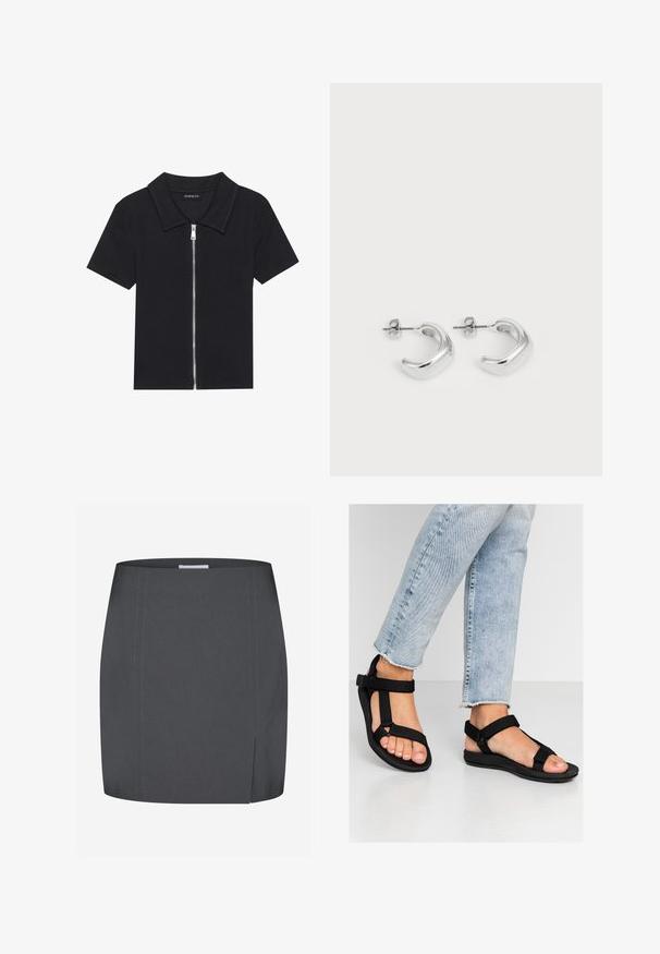 Musta lyhythihainen polo-paita, jossa on ribattu pinta, ja siinä on vetoketjulla varustettu etuosa sekä terävä kaulus. Yksinkertainen muotoilu, jossa on minimaalista korostusta.; Envii SPLIT - Kynähame - grey; Mustat sandaalit säädettävillä hihnoilla. Pehmeä, tekstuuri materiaali ja muotoiltu pohja. Yhdistetty vaaleansinisiin kulutettuihin farkkuihin.; Hope hopea, joissa on sileä ja kiillotettu pinta. Pyöreä muoto, jossa on hieman kaareva muotoilu ja sulautuvat reunat. Pinni kiinnitys.