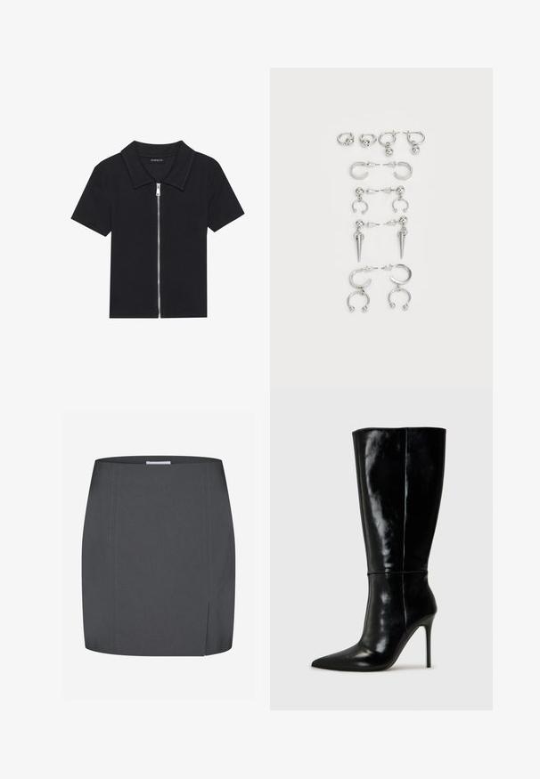 Zwarte polo met korte mouwen en een geribbelde textuur, met een rits aan de voorkant en een puntige kraag. Eenvoudig ontwerp met minimale accenten.; Envii SPLIT - Kokerrok - grey; Zwarte leren kniehoge laarzen met een spitse neus en hoge stiletto hak. Soepele textuur en strak ontwerp, met minimale detailing.; Set van zilveren oorbellen met verschillende ontwerpen: hoops, studs en hangende stijlen, met balletjes en puntige elementen.