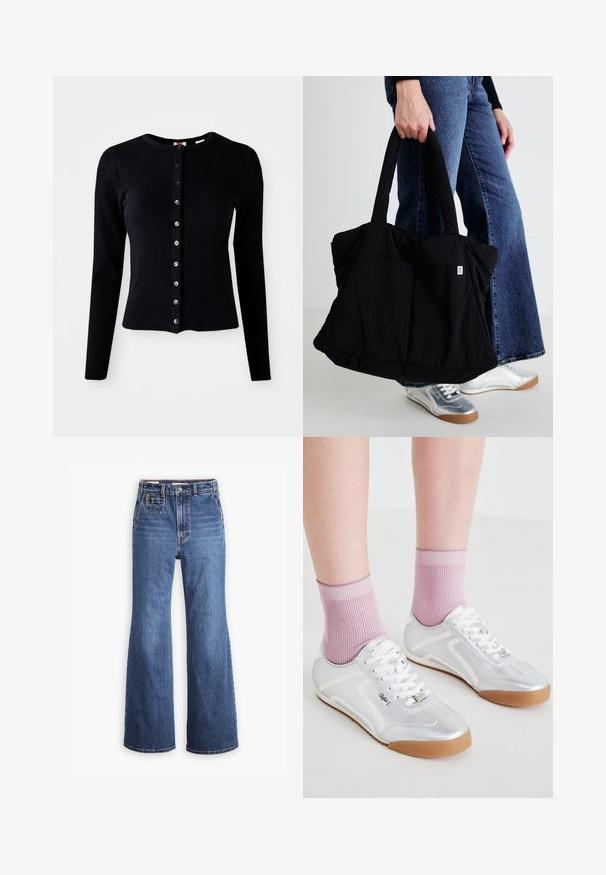 Schwarze gerippte Strickjacke mit langen Ärmeln, rundem Ausschnitt und vorderer Knopfverschluss mit silbernen Knöpfen. Figurbetont mit glatter Textur.; Hoch sitzende blaue Denim-Jeans mit weitem Bein, ausgestattet mit einer Vordertasche, Messingknopfverschluss und Kontrastnähten.; Silberne Sportschuhe mit weißen Akzenten und Gummisohlen, kombiniert mit gerippten rosa Socken, die ein niedriges Profildesign zeigen.; Schwarze Stofftasche mit einem gepolsterten Design, zwei robusten Griffen und einem kleinen Logo-Patch auf der Vorderseite, gehalten von einer Person in Denim.