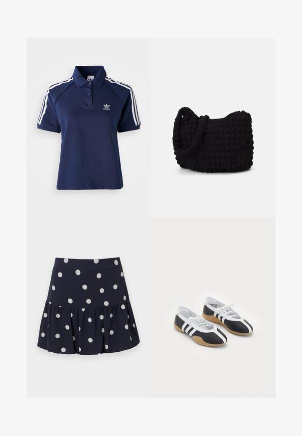 Polo din bumbac de culoare bleumarin, cu guler, trei butoane și dungi albe pe umeri; prevăzut cu un logo brodat.; Fustă skater de culoare albastru marin, confecționată dintr-un material ușor, cu un tiv evazat. Are buline albe mari și o talie elastică.; Încălțăminte sportivă alb-negru cu un design elegant, talpă din cauciuc, închidere cu sireturi și trei dungi albe pe laterale.; Geantă dintr-un material textil negru, cu un model texturat și matlasat. Formă rotundă, mânere scurte și groase, și o structură moale, flexibilă.