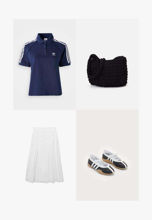 Granatowa koszulka polo wykonana z mieszanki bawełny, z kołnierzykiem, trzema guzikami i białymi paskami na ramionach; posiada haftowane logo.; Biała midi spódnica wykonana z bawełny, charakteryzująca się gładką fakturą, marszczeniami po bokach oraz dopasowaną talią, co zapewnia zwiewny kształt.; Czarno-białe buty sportowe o smukłym designie, gumowej podeszwie, sznurowanym zapięciu i trzema białymi paskami po bokach.; Czarna torba z materiału o fakturowanym, pikowanym wzorze. Owalny kształt, krótkie, grube rączki oraz miękka, elastyczna struktura.