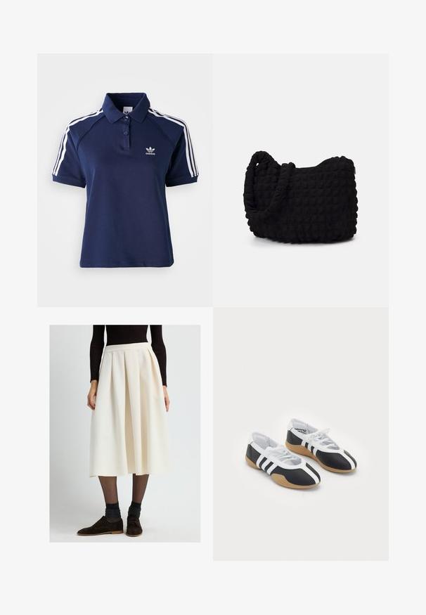 Navy Polohemd aus Baumwollmischung mit Kragen, drei Knöpfen und weißen Streifen an den Schultern; verfügt über ein gesticktes Logo.; Frau in einem cremefarbenen, plissierten Midikleid mit schwarzen transparenten Strumpfhosen, dunklen glitzernden Socken, braunen Schnürschuhen und einem schwarzen, gerippten Langarmoberteil.; Schwarz-weiße Sportschuhe mit einem eleganten Design, Gummisohle, Schnürverschluss und drei weißen Streifen an den Seiten.; Schwarze Stofftasche mit einer strukturierten, gesteppten Oberfläche. Abgerundete Form, kurze, dicke Griffe und eine weiche, flexible Struktur.