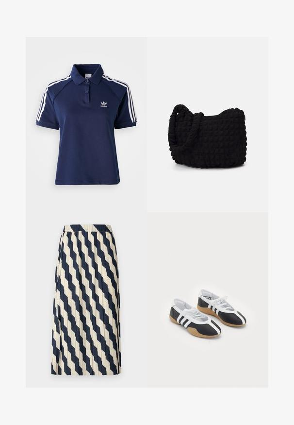 Camisa polo azul-marinho feita de uma mistura de algodão, com colarinho, três botões e riscas brancas ao longo dos ombros; apresenta um logótipo bordado.; Saias pregueadas em creme e azul-marinho, com um padrão de diamantes. Cintura elástica e tecido leve criam uma silhueta fluida.; Tênis atletas em preto e branco com um design elegante, sola de borracha, fecho de atacadores e três riscas brancas nas laterais.; Saco de tecido preto com um padrão texturizado e acolchoado. Forma arredondada, alças curtas e grossas, e uma estrutura macia e flexível.