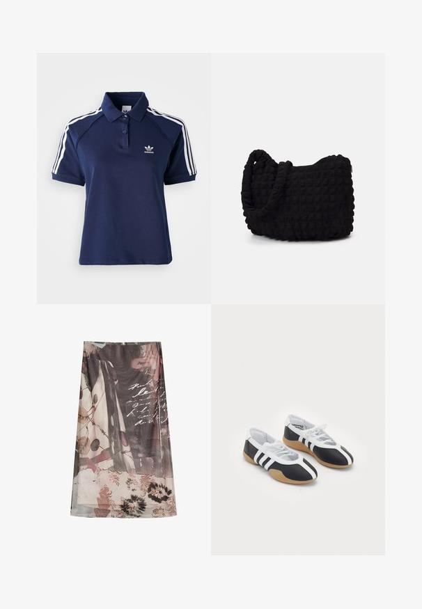 Marine polo shirt gemaakt van een katoenmix met een kraag, drie knopen en witte strepen langs de schouders; voorzien van een geborduurd logo.; Transparante sjaal met een bloemen- en abstract patroon in gedempte tinten van roze, groen en bruin, met handgeschreven tekstaccenten.; Zwart-witte sport schoenen met een slank ontwerp, rubberen zool, vetersluiting en drie witte strepen aan de zijkanten.; Zwarte stoffen tas met een gestructureerd, gewatteerd patroon. Rondvormig, korte, dikke handvatten en een zachte, flexibele structuur.