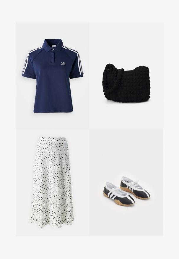 Námořnická polo košela z kvalitní bavlny s límečkem, třemi knoflíky a bílými pruhy na ramenou; má vyšitý logo.; Biela midi sukňa s čiernymi bodkami, vyrobená z textúrovanej látky a s rozšírenou siluetou, zakončená jemným pásom.; Čierne a biele športové topánky s elegantným dizajnom, gumovou podrážkou, šnurovaním a tromi bielymi prúžkami na bokoch.; Čierna látková taška s textúrovaným, prešívaným vzorom. Zaoblený tvar, krátke, hrubé rúčky a mäkká, flexibilná konštrukcia.