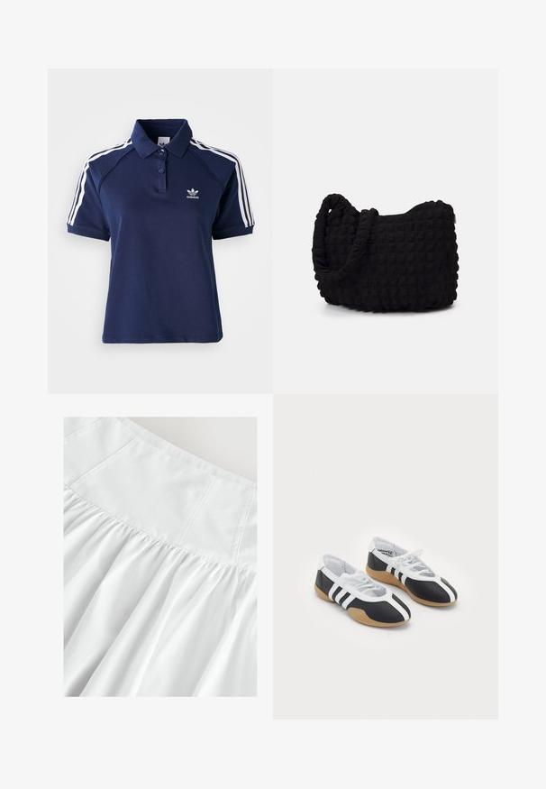 Navy Polohemd aus Baumwollmischung mit Kragen, drei Knöpfen und weißen Streifen an den Schultern; verfügt über ein gesticktes Logo.; Weißer Rock mit passendem Oberteil und geraffter Textur. Hergestellt aus leichtem Stoff, mit dezenten Nähten und weichem, fließendem Fall.; Schwarz-weiße Sportschuhe mit einem eleganten Design, Gummisohle, Schnürverschluss und drei weißen Streifen an den Seiten.; Schwarze Stofftasche mit einer strukturierten, gesteppten Oberfläche. Abgerundete Form, kurze, dicke Griffe und eine weiche, flexible Struktur.