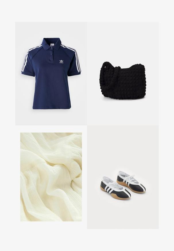 Polo shirt bleu marine en mélange de coton avec un col, trois boutons et des rayures blanches le long des épaules ; arbore un logo brodé.; Tissu blanc froissé avec une texture douce et légère. Le matériau a une apparence fluide et légère avec des variations subtiles de ton.; Baskets de sport noir et blanc au design élégant, semelle en caoutchouc, fermeture à lacets et trois rayures blanches sur les côtés.; Sac en tissu noir avec un motif texturé et matelassé. Forme arrondie, poignées courtes et épaisses, et structure souple et flexible.
