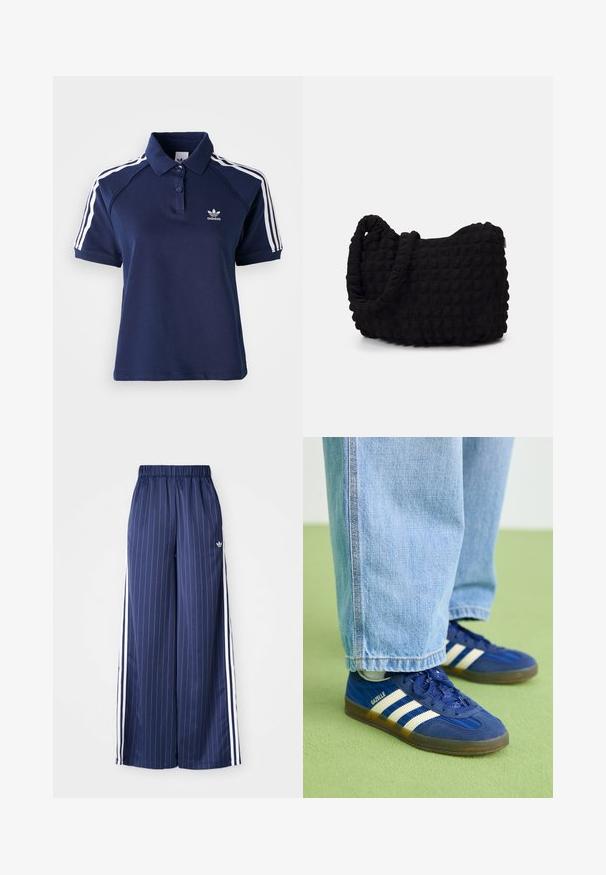 Granatowa koszulka polo wykonana z mieszanki bawełny, z kołnierzykiem, trzema guzikami i białymi paskami na ramionach; posiada haftowane logo.; Granatowe szerokie spodnie z pionowymi białymi paskami, elastycznym pasem i trzema białymi paskami po bokach, wykonane z lekkiego materiału.; Niebieskie zamszowe sneakersy z białymi paskami i teksturowanymi wzorami, noszone z jasnoniebieskimi dżinsami, na zielonym tle.; Czarna torba z materiału o fakturowanym, pikowanym wzorze. Owalny kształt, krótkie, grube rączki oraz miękka, elastyczna struktura.