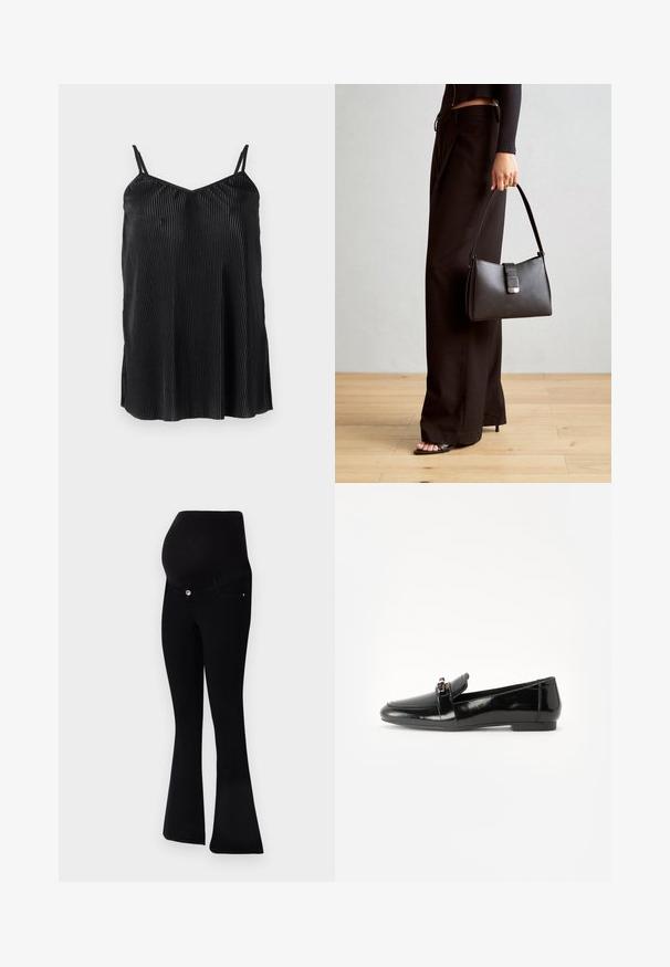 Camisola preta com alças finas ajustáveis, apresentando pregas verticais e uma textura suave, desenhada com uma bainha reta e um corte relaxado.; Jeans de maternidade pretos com um design de perna flare, tecido suave, uma cintura alta para suporte, e um fecho frontal com botão.; Mocassim em cabedal preto brilhante com sola plana, bico arredondado e uma faixa decorativa com um detalhe em tom dourado. Acabamento liso e cintilante.; Bolsa preta com forma estruturada, textura suave e um fecho metálico. Combinada com calças largas pretas e sandálias de salto aberto sobre um chão de madeira.