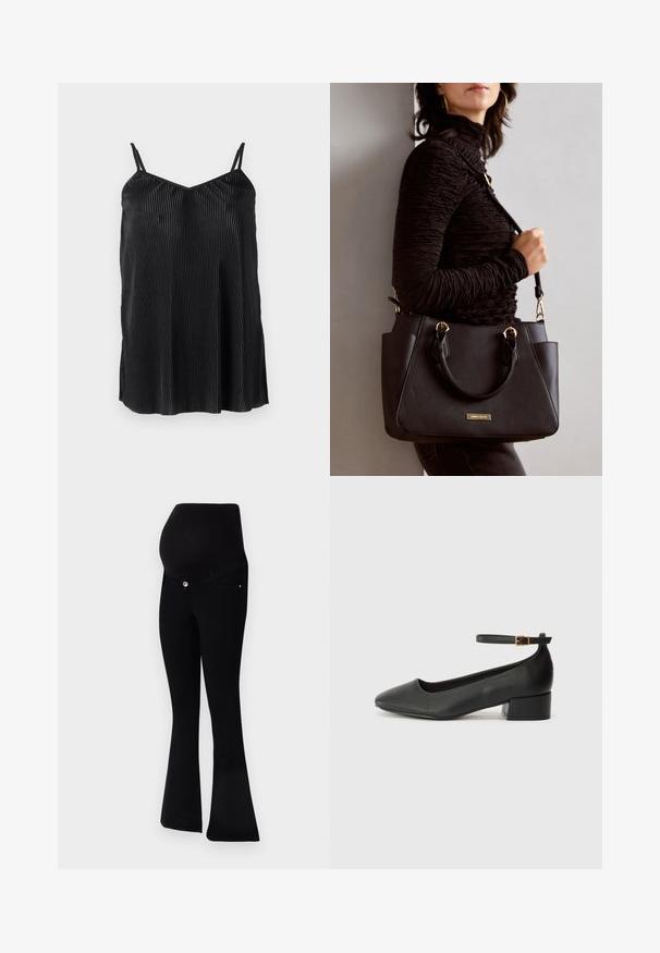 Débardeur noir avec des bretelles fines et réglables, présentant des plis verticaux et une texture lisse, conçu avec un ourlet droit et une coupe décontractée.; Jeans de maternité noirs avec un design à jambes évasées, en tissu doux, une taille haute pour un bon maintien et une fermeture à bouton à l'avant.; Escarpin en cuir noir avec un bout pointu et un petit talon bloc. Doté d'une bride de cheville avec une boucle dorée. Texture lisse.; Sac à main noir avec surface texturée, deux poignées supérieures et bandoulière réglable. Doté de quincaillerie dorée et de poches latérales.