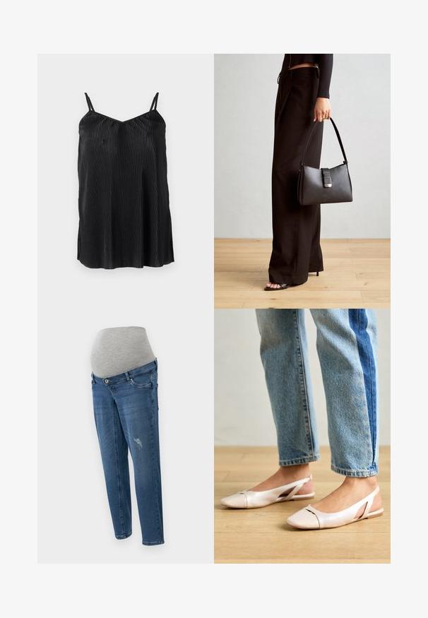 Črna majica brez rokavov z tankimi nastavljivimi naramnicami, z navpičnimi naborki in gladko teksturo, zasnovana s pravim robom in sproščenim krojem.; Nosečniške hlače iz srednje modrega denima. Imajo sivo elastično pasnico, pet žepov in rahlo obrabljene detajle spredaj.; Svijetloružičaste slingback balerinke s šiljastim nožnim prstima, napravljene od glatkog materijala nalik koži. Imaju izrezane detalje sa strane i ravne pete.; Črna torbica z strukturirano obliko, gladko teksturo in kovinskim zaponko. Ujemajo se z širokimi črnimi hlačami in odprtimi sandali na lesenem tleh.