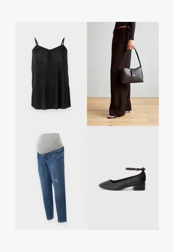 Melna topiņa ar plānām regulējamām siksniņām, ar vertikālām krokām un gludu tekstūru, veidota ar taisnu apakšmalu un brīvu piegriezumu.; Grūtniecības džinsi vidēji zilu denimu. Ar pelēku elastīgu jostu, pieciem kabatām un nelielu nolietojumu priekšpusē.; Melnas ādas sūkņi ar smailu purngalu un zemu bloku papēdi. Iezīmēts ar potītes siksniņu ar zelta krāsas sprādzi. Gluda tekstūra.; Melnā somiņa ar strukturētu formu, gludu tekstūru un metālu sprādzi. Saskaņota ar platām melnām biksēm un sandālēm ar atvērtu purngalu uz koka grīdas.