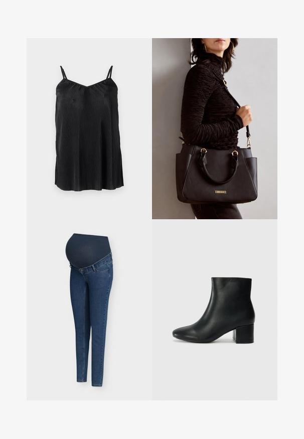 Top in microfibra nera con spalline sottili regolabili, caratterizzato da pieghe verticali e una texture liscia, progettato con orlo dritto e vestibilità rilassata.; Jeans skinny premaman in denim blu scuro, con una fascia morbida ed elastica in vita e un classico design a cinque tasche.; Stivali neri in pelle fino alla caviglia con punta appuntita e tacco spesso. Texture liscia con minimi dettagli e un design elegante e aderente.; Borsa nera con superficie texturizzata, manici superiori doppi e tracolla regolabile. Dotata di hardware color oro e tasche laterali.