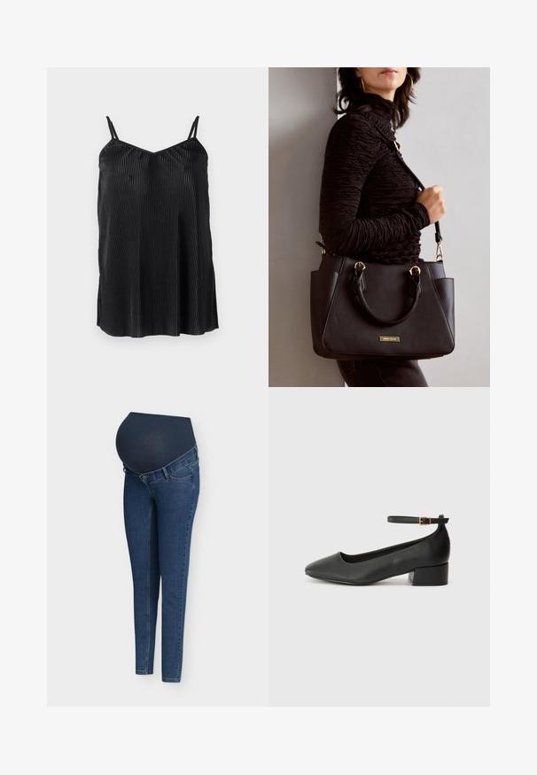 Camisola preta com alças finas ajustáveis, apresentando pregas verticais e uma textura suave, desenhada com uma bainha reta e um corte relaxado.; Jeans skinny de maternidade em ganga azul escura, com cintura macia e elástica e design clássico de cinco bolsos.; Sandal de pele preta com bico pontiagudo e um salto bloco baixo. Apresenta uma tira no tornozelo com uma fivela em tom dourado. Textura suave.; Bolsa preta com superfície texturizada, alças superiores duplas e alça de ombro ajustável. Apresenta ferragens em tom dourado e bolsos laterais.