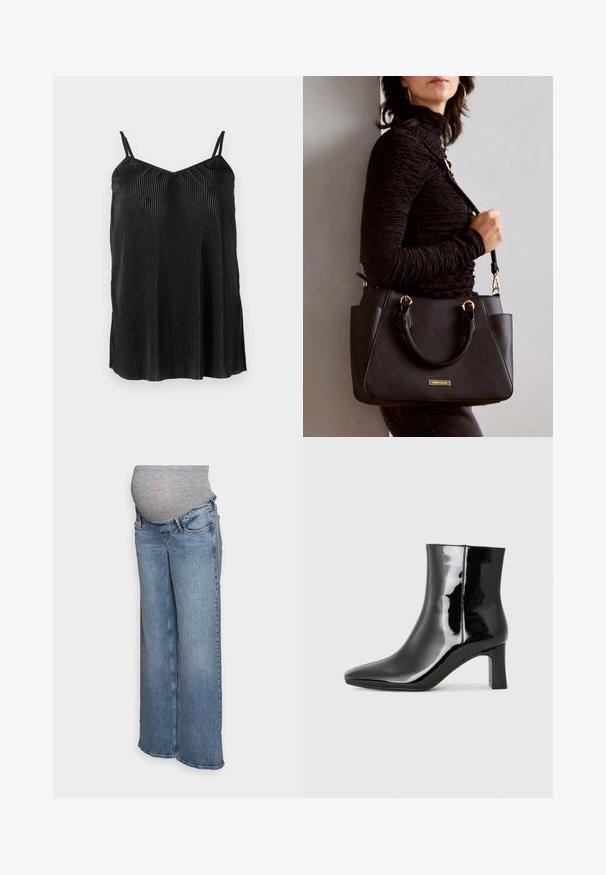 Top de tirantes finos ajustables en color negro, con pliegues verticales y una textura suave, diseñado con un dobladillo recto y un corte relajado.; ONLY MATERNITY OLMJUICY  - Pernera ancha - medium blue denim; Botín de charol negro con punta afilada y un tacón de bloque de altura media. Textura suave y diseño minimalista.; Bolso negro con superficie texturizada, doble asa superior y correa para hombro ajustable. Presenta herrajes en tono dorado y bolsillos laterales.