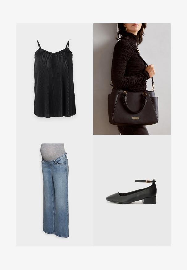 Musta toppi ilman hihoja ohuilla säädettävillä olkaimilla, joissa on pystysuorat poimutukset ja sileä pinta, suunniteltu suoran helman ja rento istuvuus.; ONLY MATERNITY OLMJUICY - Leveälahkeiset - medium blue denim; Mustat nahkakengät, joissa on terävä kärki ja matala lohkare korko. Varustettu nilkkahihnalla, jossa on kultasävyinen solki. Lisää sileä pinta.; Musta käsilaukku, jossa on teksturoitu pinta, kaksi yläkantta ja säädettävä olkahihna. Varustettu kultasävyisillä varusteilla ja sivutaskuilla.