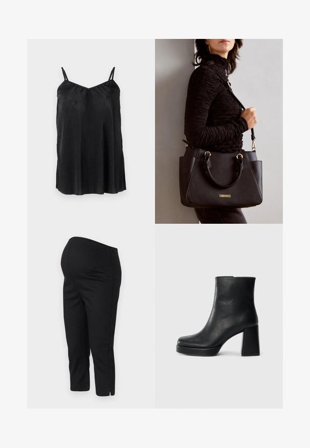 Svart cami-top med tynne justerbare stropper, med vertikale folder og en glatt tekstur, designet med en rett kant og avslappet passform.; Sorte tights med elastisk linning, kort lengde og sideslisser i kanten for enkel bevegelse. Glatt tekstur.; Sorte skinnankelsko med blokkhæl og plattformsåle, sett fra siden på en enkel hvit bakgrunn.; Svart håndveske med teksturert overflate, doble topphåndtak og justerbar skulderrem. Har detaljer i gulltone og sidelommer.