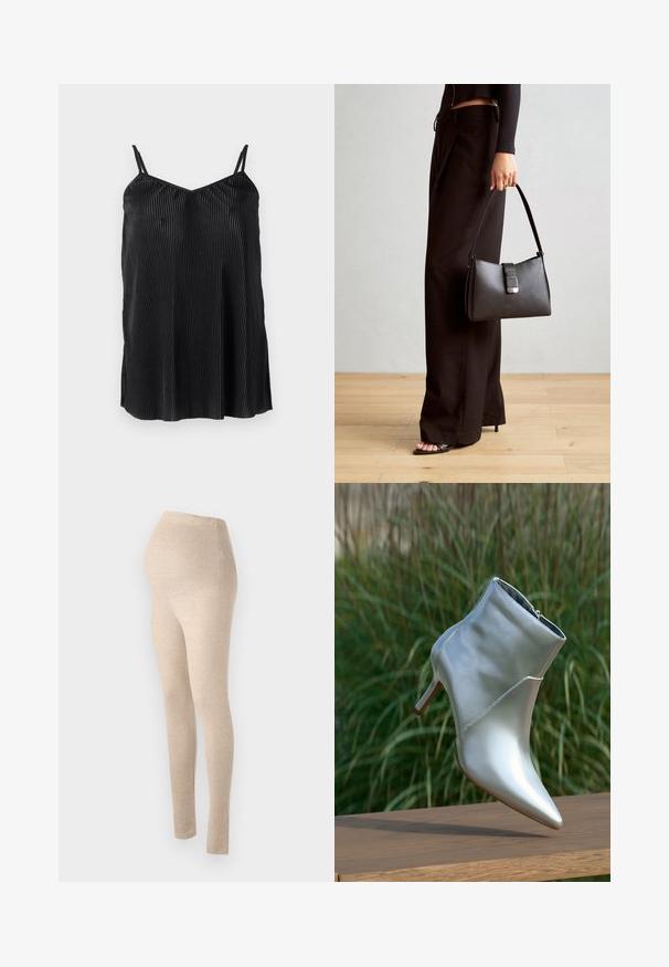 Top negru de tip camisole cu bretele subțiri și ajustabile, prezentând pliuuri verticale și o textură netedă, proiectat cu un tiv drept și o croială lejeră.; Colanți de maternitate bej cu talie înaltă, realizați dintr-un material moale și elastic, având un design ajustat și o textură netedă.; Botine cu toc înalt, argintii și strălucitoare, cu vârf ascuțit și fermoar, echilibrate pe o suprafață de lemn, în fața unui fundal cu iarbă verde.; Genți negre cu o formă structurată, textură netedă și un închizător metalic. Asortată cu pantaloni negri largi și sandale cu vârf deschis pe un podea din lemn.