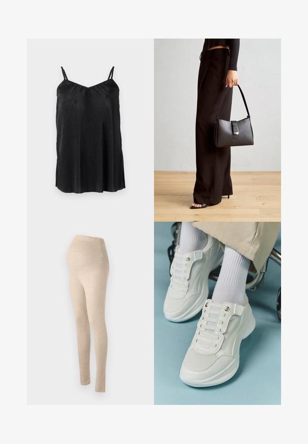 Melna topiņa ar plānām regulējamām siksniņām, ar vertikālām krokām un gludu tekstūru, veidota ar taisnu apakšmalu un brīvu piegriezumu.; Beidzkrāsas grūtniecības legingi ar augstu jostasvietu, izgatavoti no mīkstas, elastīgas auduma, ar pieguļošu dizainu un gludu tekstūru.; Baltie sporta apavi ar sietu materiālu, gumijas zoli, bez šņoru dizainu ar elastīgām beigām un zeltainiem akcentiem.; Melnā somiņa ar strukturētu formu, gludu tekstūru un metālu sprādzi. Saskaņota ar platām melnām biksēm un sandālēm ar atvērtu purngalu uz koka grīdas.