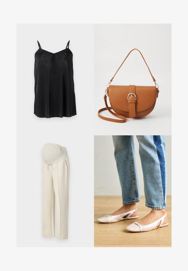 Crna majica na bretele s tankim podesivim trakama, s vertikalnim nabranjima i glatkom teksturom, dizajnirana s ravnim rubom i ležernim krojem.; Svijetlosmeđe trudničke hlače s rastezljivim pojasom, detaljem na vezivanje i dva bočna džepa. Napravljene su od mekane, rastezljive tkanine.; Svijetlo ružičaste slingback balerinke s šiljastim vrhom, izrađene od glatkog materijala nalik koži. Sadrže izrezane detalje sa strane i ravnu petu.; Smeđa kožna torba preko tijela s zakrivljenim oblikom, zlatnim metalnim detaljima i naglaskom na kopču. Ima odvojivu naramenicu.