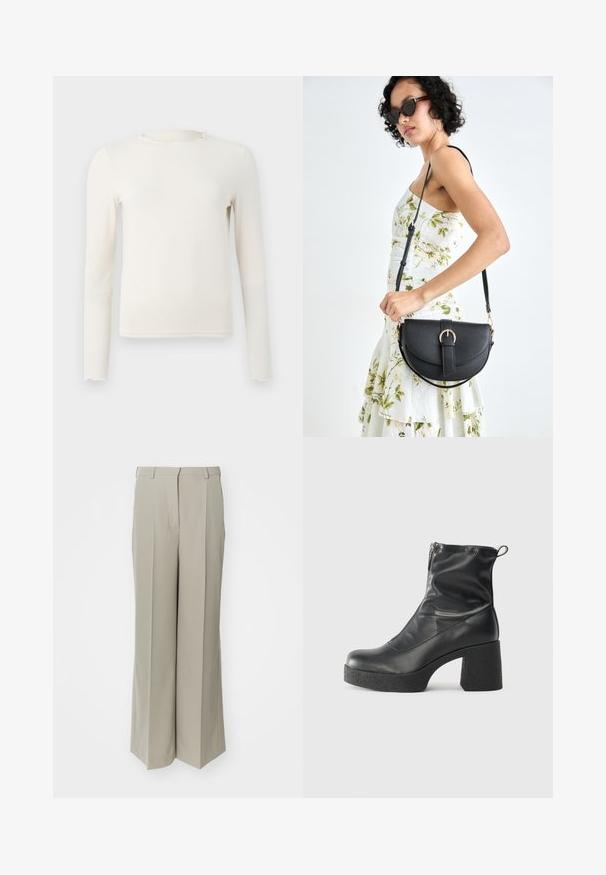 Langermet, kremfarget tettsittende topp med rynket båtue og kant, vist på en enkel lys grå bakgrunn.; Beige vide benbukser laget av glatt stoff, med høy midje, skarpe folder og to frontlommer.; Svarte ankelstøvler laget av glatt lær, med glidelås på siden, chunky strukturert hæl, og rund tå-design.; Svart lærveske med en buet form, avtagbar stropp og gullbeslag. Vesken har et klaff med spenne-detall.