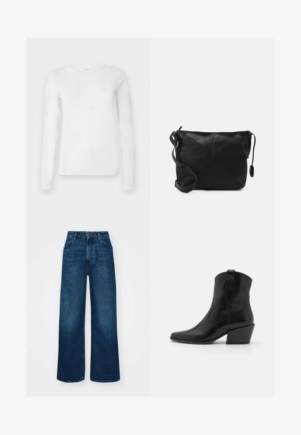 Valge naiste pika varrukaga puuvillane T-särk, ümmarguse kaeluse ja tavalise valge taustaga.; Kõrge vöökohaga laiad teksad tummises sinises denimis, millel on sile tekstuur, kontrastne õmblus ja viie-tasku disain. Esimene nupulukk.; Kennel + Schmenger ZIA - Kauboi/mootorratturi poolsaapad - schwarz; Must värvi nahast ristiõlakott, millel on lame kuju, kuldne metallist detailide aktsent ja reguleeritav rihm. Sile tekstuur väheste õmblusdetailidega.