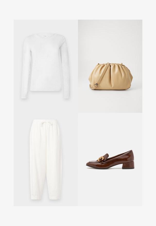 White women's long-sleeve cotton t-shirt with round neckline, displayed on a plain white background.; White, loose-fitting trousers made of lightweight fabric. Features an elastic waistband with drawstring and tapered cuffs at the ankles.; Brown leather loafers with a glossy finish, featuring a decorative gold buckle on the front and a low block heel. Classic design.; Tan leather handbag with a pleated design, adjustable strap, and a rounded shape. Minimalistic branding on the front surface.