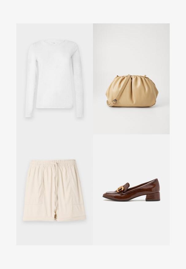 Bijela ženska pamučna majica dugih rukava s okruglim izrezom, prikazana na jednostavnoj bijeloj pozadini.; Bež pamuk kratke hlače s elastičnim pojasom, vezicom i dva bočna džepa; imaju opušteni kroj i prevrnute rubove.; Smeđe kožne mokasine s sjajnom završnom obradom, s ukrasnom zlatnom kopčom sprijeda i niskim blok petama. Klasičan dizajn.; Torbica od svijetlosmeđe kože s nabranim dizajnom, podesivim remenom i zaobljenim oblikom. Minimalistički brend na prednjoj površini.