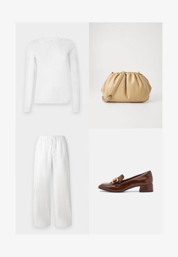 Baltās sieviešu kokvilnas blūzes ar garām piedurknēm, apaļa kakla izgriezuma, attēlots uz vienkārša baltā fona.; Baltas platās bikses ar elastīgu jostu un auklu. Izgatavotas no viegla auduma ar gludu tekstūru. Bez rakstiem vai akcentiem.; Brūni ādas mokasīni ar spīdīgu apdari, ar dekoratīvu zelta sprādzi priekšpusē un zemu blokveida papēdi. Klasisks dizains.; Brūns ādas soma ar krokotu dizainu, regulējamu siksnu un noapaļotu formu. Minimālistiska zīmola atzīme uz priekšpuses.