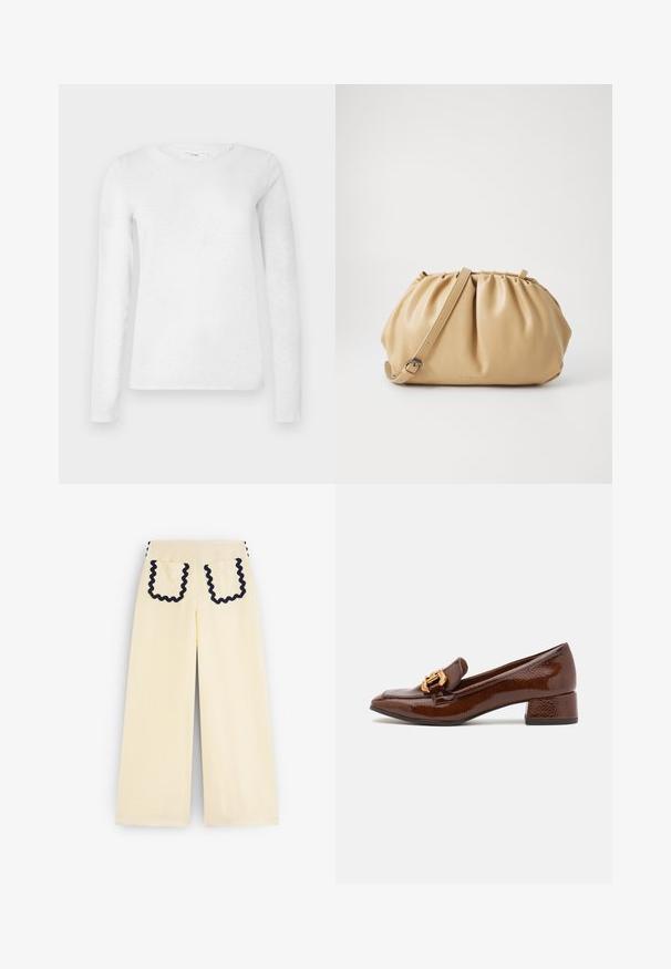 Camiseta de algodón de manga larga para mujer blanca con cuello redondo, exhibida sobre un fondo blanco liso.; Pantalones amarillos de pierna ancha con un acabado texturizado. Presentan un contraste en los bordes de los bolsillos y costuras laterales con un ribete de rickrack en color azul marino.; Mocasines de cuero marrón con un acabado brillante, que presentan una hebilla decorativa dorada en la parte frontal y un tacón bajo tipo bloque. Diseño clásico.; Bolso de piel color marrón claro con un diseño plisado, correa ajustable y forma redondeada. Marca minimalista en la superficie frontal.