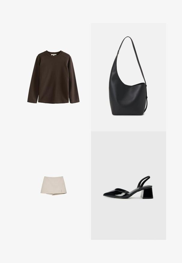 Bruine lange mouwen shirt van zachte katoen, met een ronde hals en raglanmouwen, met een gladde, ongecompliceerde textuur.; Beige dames skort met een lichte split aan de voorkant en een vastgeknoopte korte broek eronder, weergegeven tegen een witte achtergrond.; Zwarte gepatineerde leren slingback hakken met een spitse neus en een geometrische blokhak. Kenmerkt zich door een slank, minimalistisch ontwerp en een gladde textuur.; Zwarte leren hobo tas met een gladde textuur, kromme vorm en een enkele verstelbare schouderband; heeft een brede opening aan de bovenkant.