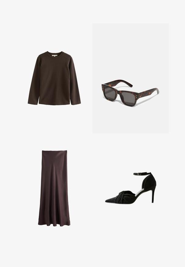 Hnedá dlhá košeľa s dlhým rukávom vyrobená z mäkkej bavlny, s okrúhlym výstrihom a rukávmi typu raglan, s hladkou, jednoduchou textúrou.; Hnedá, dlhá sukňa vyrobená z hladkej, ľahkej tkaniny. Má jednoduchý, plynulý dizajn bez viditeľných vzorov alebo akcentov.; Čierne semišové lodičky na vysokom podpätku s špicatou špičkou, uzlovým detailom vpredu, priehľadným remienkom okolo členka a tenkým stiletto podpätkom.; Slnko okuliare z korytnačím vzorom a tmavými šošovkami, štvrcovým rámom a striebornými ozdobnými cvokmi vpredu. Vyrobené z plastu, ľahké a odolné.; Taška s leopardím vzorom v tan a čiernej plátne, s dvojitými hornými držadlami a textom "Coach New York" na prednej strane, so kovovým zapínaním.