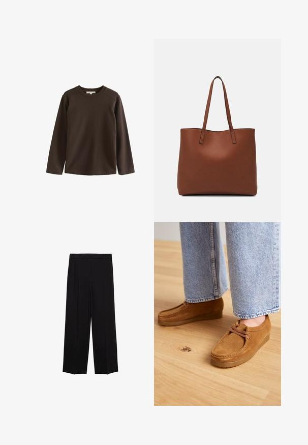 Smeđa majica dugih rukava od mekog pamuka, s okruglim izrezom i raglan rukavima, s glatkom, neukrašenom teksturom.; Crne hlače širokog kroja od glatkog materijala, s plisama sprijeda i bočnim džepovima, dizajnirane s ravnim, opuštenim krojem.; Smeđe nubuk cipele s okruglim vrhom i svijetlosmeđim gumenim potplatom, s jednostavnim dizajnom vezica, uparene sa svijetloplavim trapericama.; Smeđa kožna torba preko ramena s glatkom teksturom, otvorenim vrhom i dvjema naramenicama. Ima minimalne šavove i nema vidljivog hardvera.