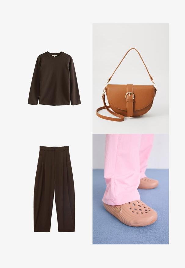 Smeđa majica dugih rukava od mekog pamuka, s okruglim izrezom i raglan rukavima, s glatkom, neukrašenom teksturom.; Smeđe hlače visokog struka s nabranim detaljima, izrađene od glatkog materijala. Labav kroj, ravne nogavice, sa petljama za remen i zatvaračem na munju.; Nike klompe u bež plastici s perforacijama, teksturiranim stranama i zlatnim swooshom. Nositi s ružičastim hlačama na plavom podu.; Smeđa kožna torba preko tijela s zakrivljenim oblikom, zlatnim metalnim detaljima i naglaskom na kopču. Ima odvojivu naramenicu.