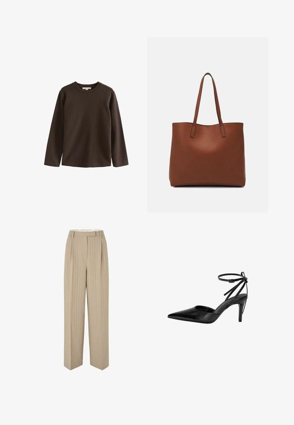 Smeđa majica dugih rukava od mekog pamuka, s okruglim izrezom i raglan rukavima, s glatkom, neukrašenom teksturom.; Bež hlače širokog kroja s vertikalnim prugama. Izrađene od teksturirane tkanine, s upletenim prednjim dijelom, petljama za remen i prilagođenim siluetom.; Crne cipele s visokom potpeticom i špicastim vrhom, s izrezbarenom konstrukcijom i podesivom kaišicom oko gležnja. Cipele imaju glatku, sjajnu površinu i vitku potpeticu.; Smeđa kožna torba preko ramena s glatkom teksturom, otvorenim vrhom i dvjema naramenicama. Ima minimalne šavove i nema vidljivog hardvera.