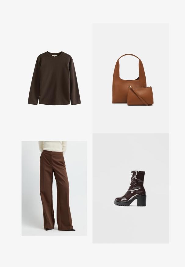 Bruine lange mouwen shirt van zachte katoen, met een ronde hals en raglanmouwen, met een gladde, ongecompliceerde textuur.; Bruine wijde broek gemaakt van zachte stof, met een op maat gemaakte tailleband en plooien, en een strakke, moderne silhouet.; Glanzende bordeauxrode enkelboot met een chunky zwarte hak, met een gladde textuur en een eenvoudig ontwerp. Geen zichtbare sluitingen of patronen.; Bruine synthetische handtas met een gebogen handvat en een gladde textuur. Inclusief een bijpassende kleine tas met rits. Minimalistisch ontwerp.