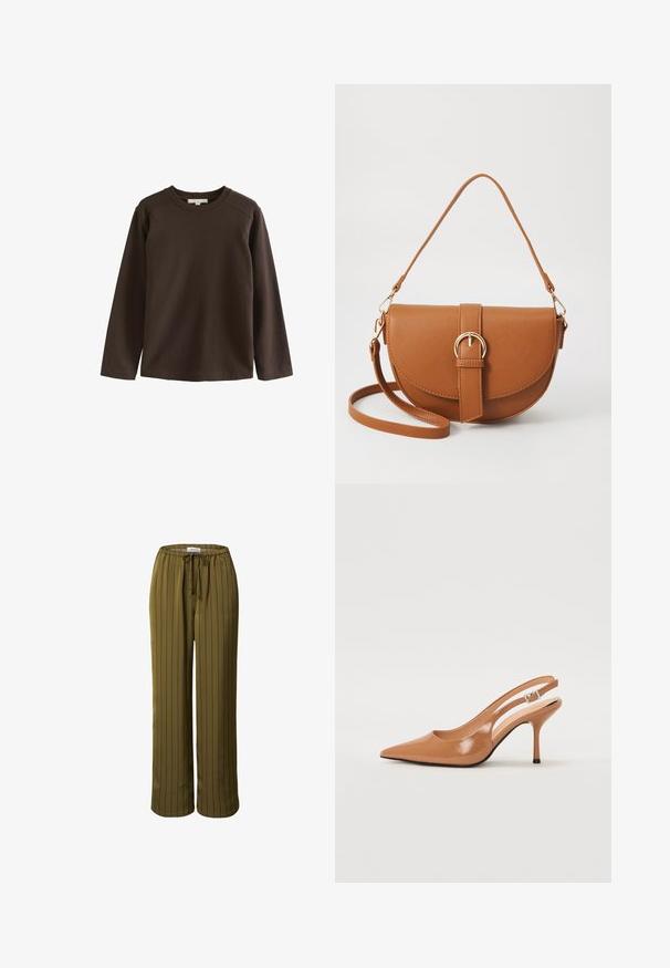 Brown long-sleeve shirt made of soft cotton, featuring a crew neckline and raglan sleeves, with a smooth, unembellished texture.; Olive green wide-leg pants with vertical black stripes, made of smooth fabric, featuring an elastic waistband and adjustable drawstring.; Pointed toe slingback heel in a smooth, glossy tan material. Features a curved cutout design and a slender stiletto heel. Silver buckle detail.; Brown leather crossbody bag with a curved shape, gold hardware, and a buckle accent. Features a detachable shoulder strap.